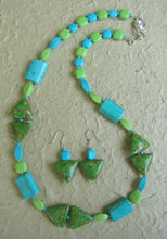 Load image into Gallery viewer, Green and Blue Mosaic Magnesite Necklace and Earring Set