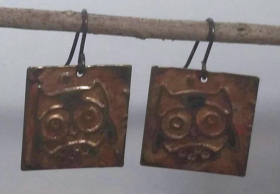 Cute Copper Embossed & Patina Owl Earrings