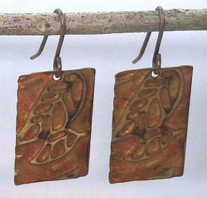 Copper and Gold Embossed & Patina Square Leaf Earrings