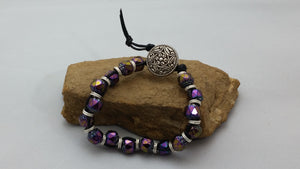 Purple Czech Cathedral Beads & Silver on Leather