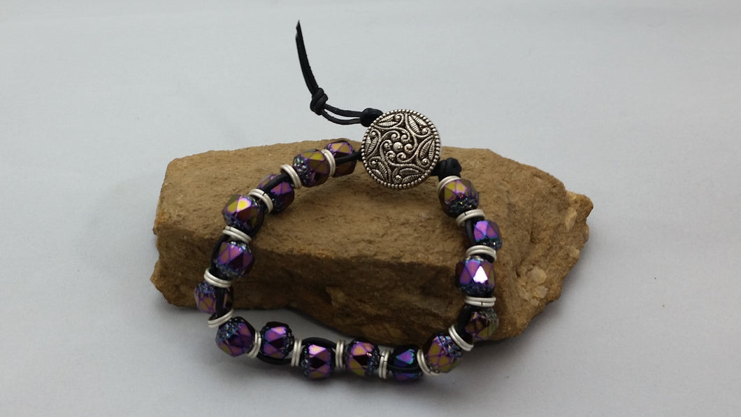 Purple Czech Cathedral Beads & Silver on Leather