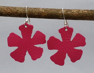 Dark Pink Leather Flower Earrings