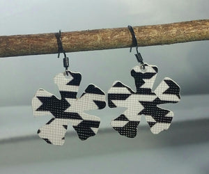 Houndstooth Faux Leather Flower Earrings