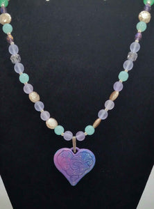 Ombre Pink and Agua Patina Heart Necklace