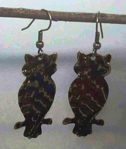 Embossed and Patina Brown Brass Owl Earrings