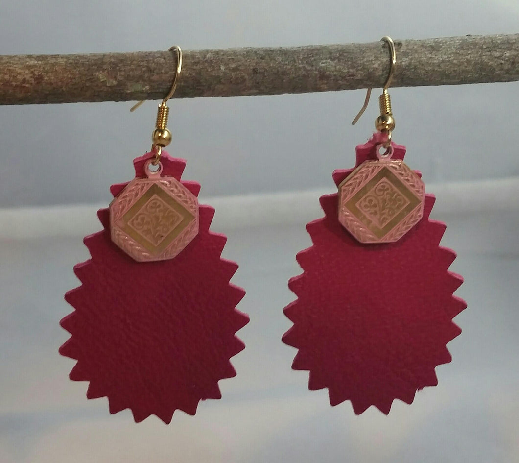 Pink Fancy Cut Leather Earrings with Pink Vintaj Dangle
