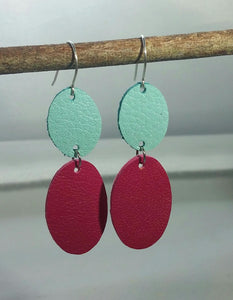 Pink and Teal Oval Leather Earrings on Sterling