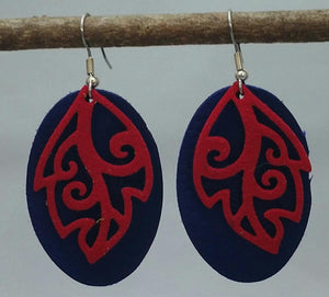 Purple Leather Drop Earrings with Red Filigree Overlays