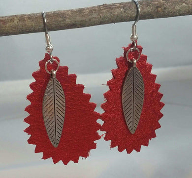 Red Fancy Cut Leather Earrings with Silver Feathers