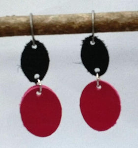 Red and Black Leather Oval Earrings
