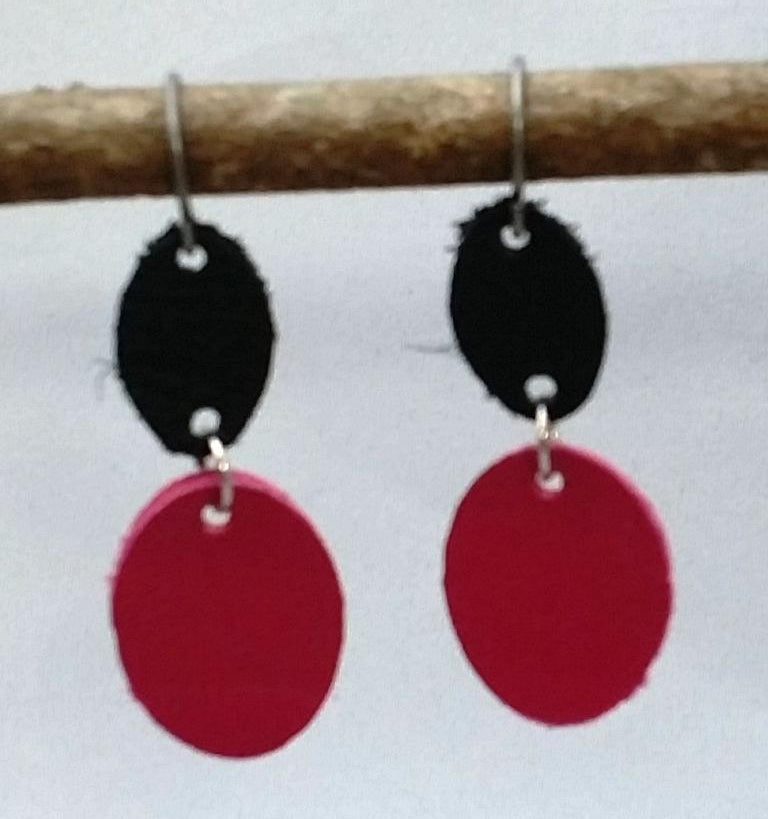 Red and Black Leather Oval Earrings