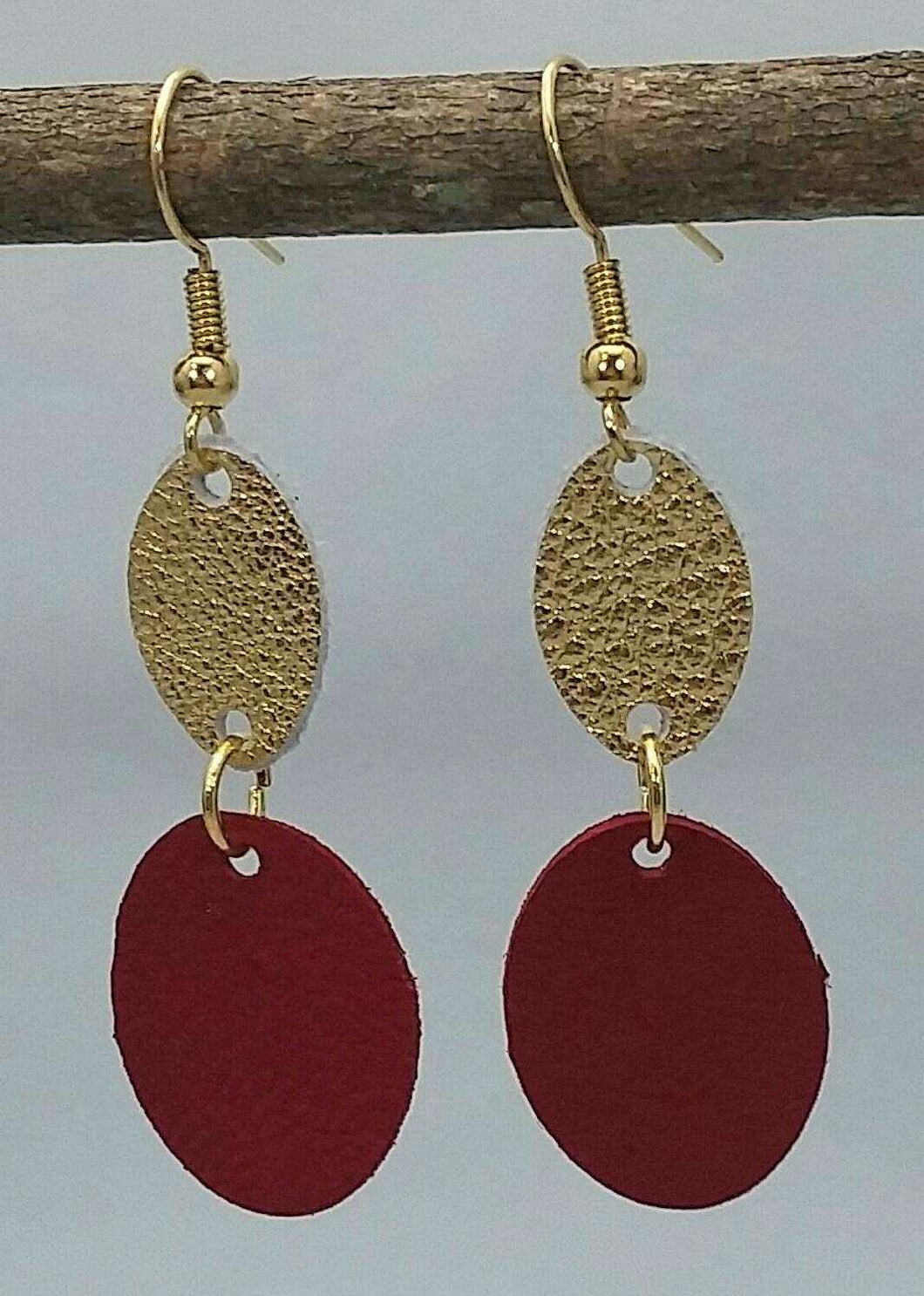 Red and Gold Leather Oval Link Earrings