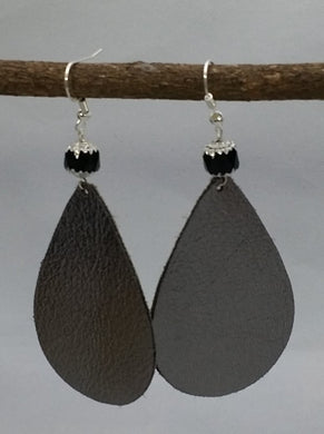 Silver Leather Drop Earrings with Black Czech Cathedral Beads