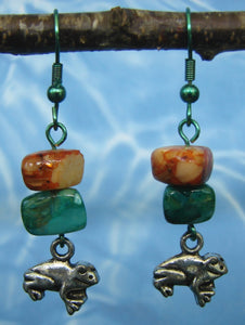 Silvertone Jumping Frogs w Green and Amber Resin