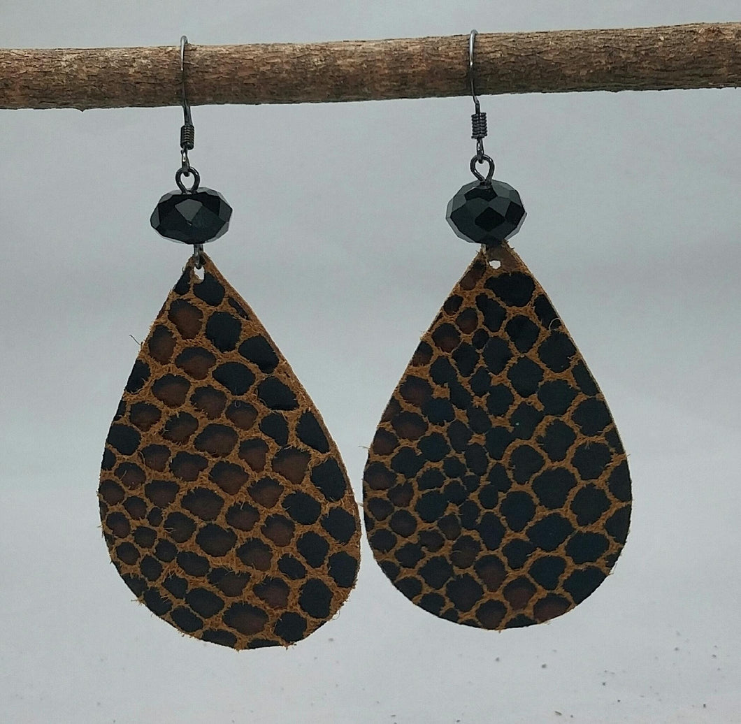 A+ Snakeskin Leather Drop Earrings with Crystals