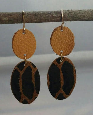 Snakeskin and Tan Leather Oval Earrings on Goldfilled
