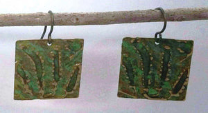 Green Patina & Embossed Ferns on Square Brass Earrings