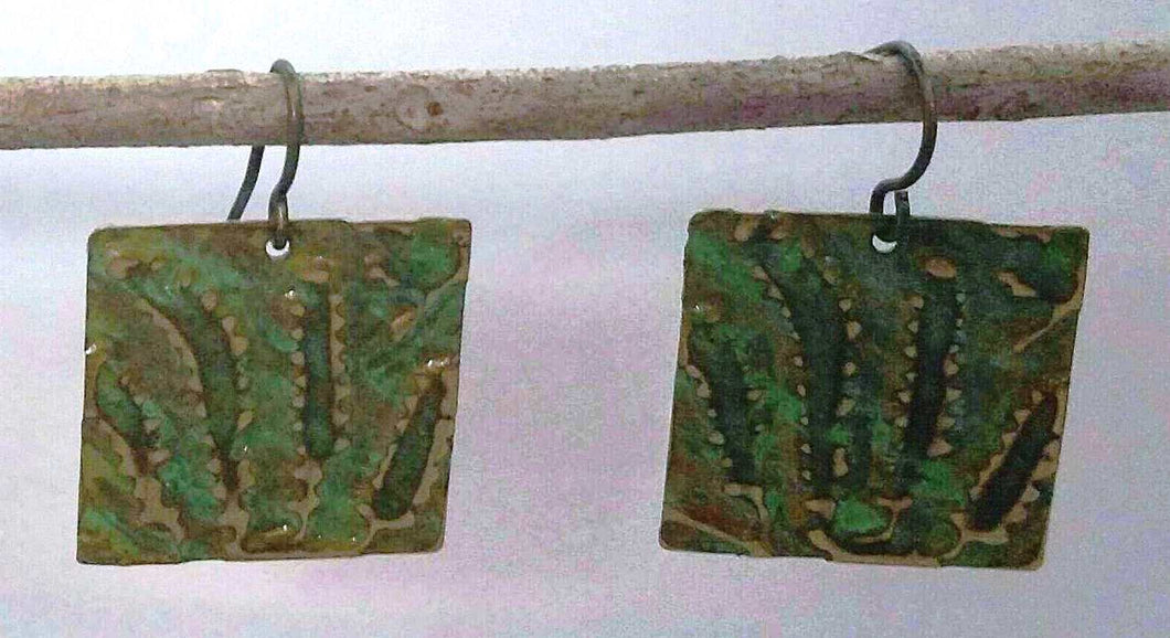 Green Patina & Embossed Ferns on Square Brass Earrings