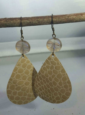 Tan Snakeskin Leather Drop Earrings with Czech Glass Moon Faces