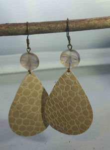 Tan Snakeskin Leather Drop Earrings with Czech Glass Moon Faces