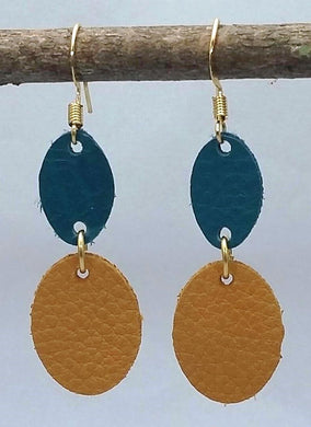 Tan and Green Leather Oval Link Earrings