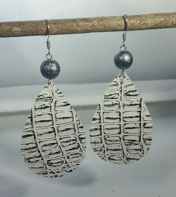 White Snakeskin Leather Drop Earrings with Czech Glass